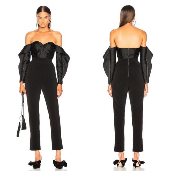 Self-Portrait Midnight Off Shoulder Jacquard Crepe Jumpsuit in Black Size US 0 - Picture 1 of 10